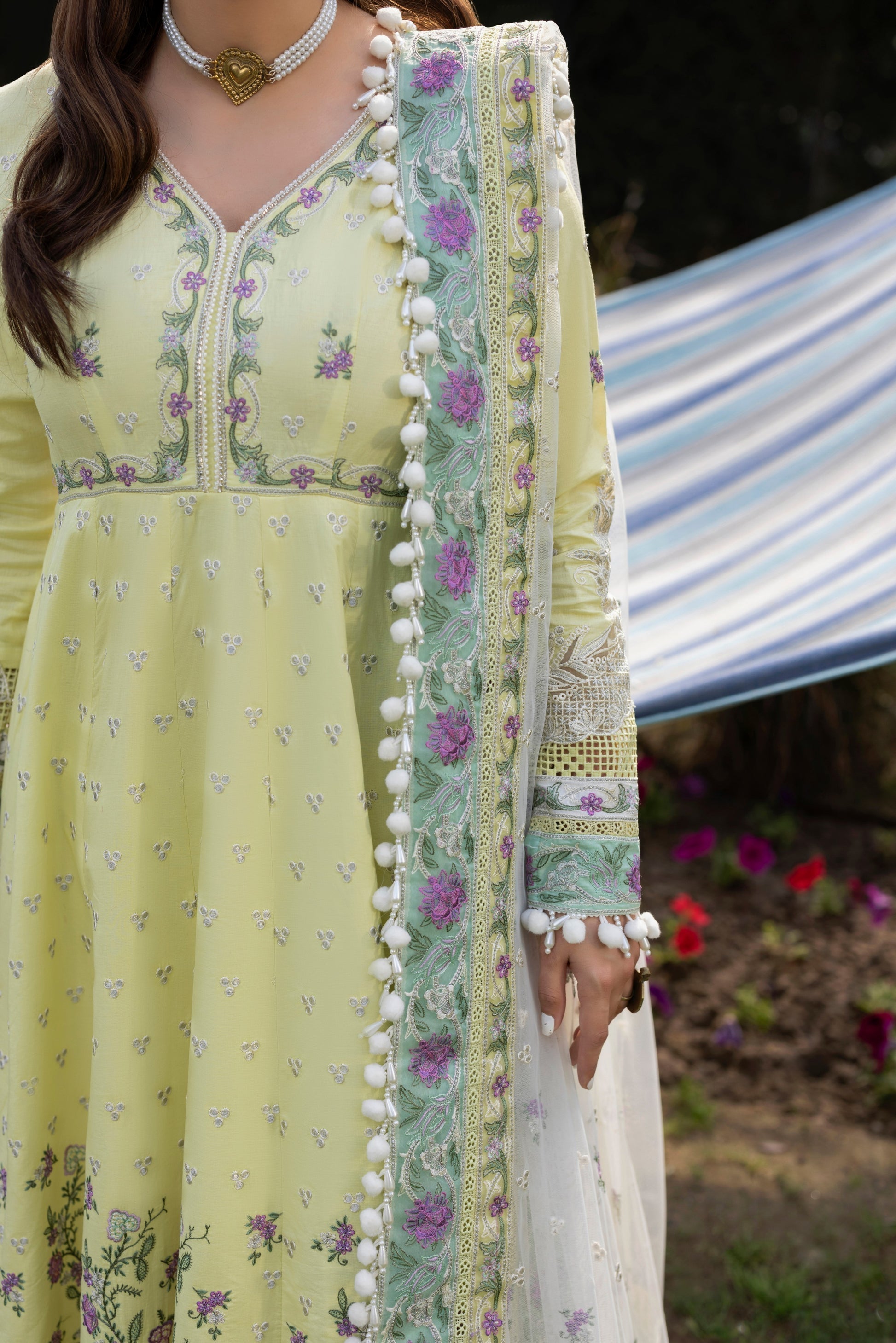 Aneelas - 3 Piece Unstitched Embroidered Lawn Frock Net Emb Duppata - A2620