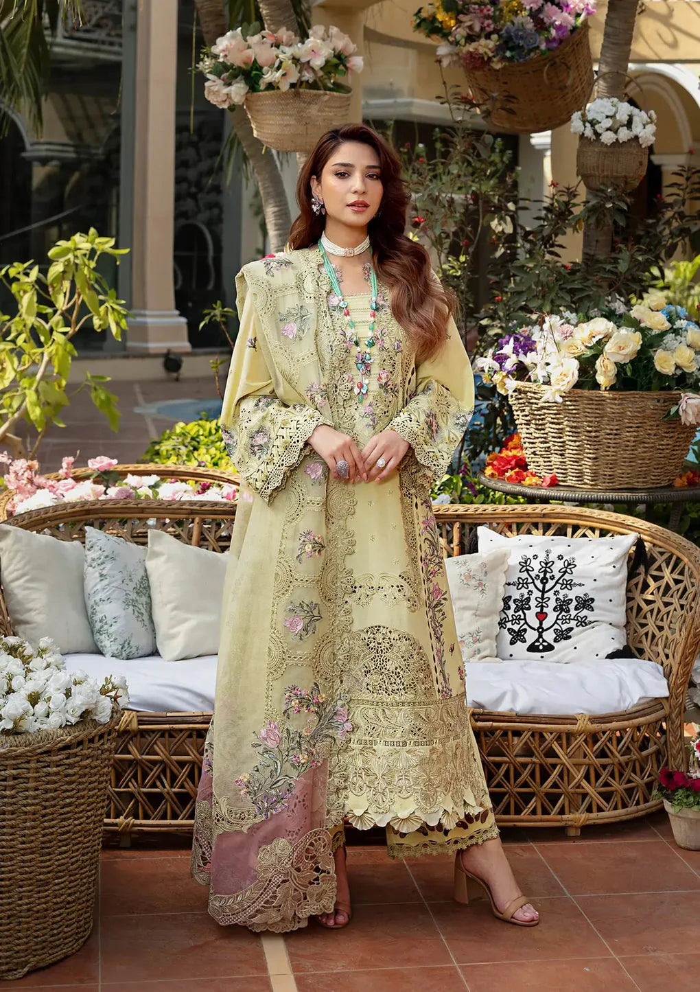 ELAF-3PC LAWN CHIKANKARI EMBROIDERED SHIRT WITH KHAADI NET EMB DUPATTA AND EMB TROUSER - 711
