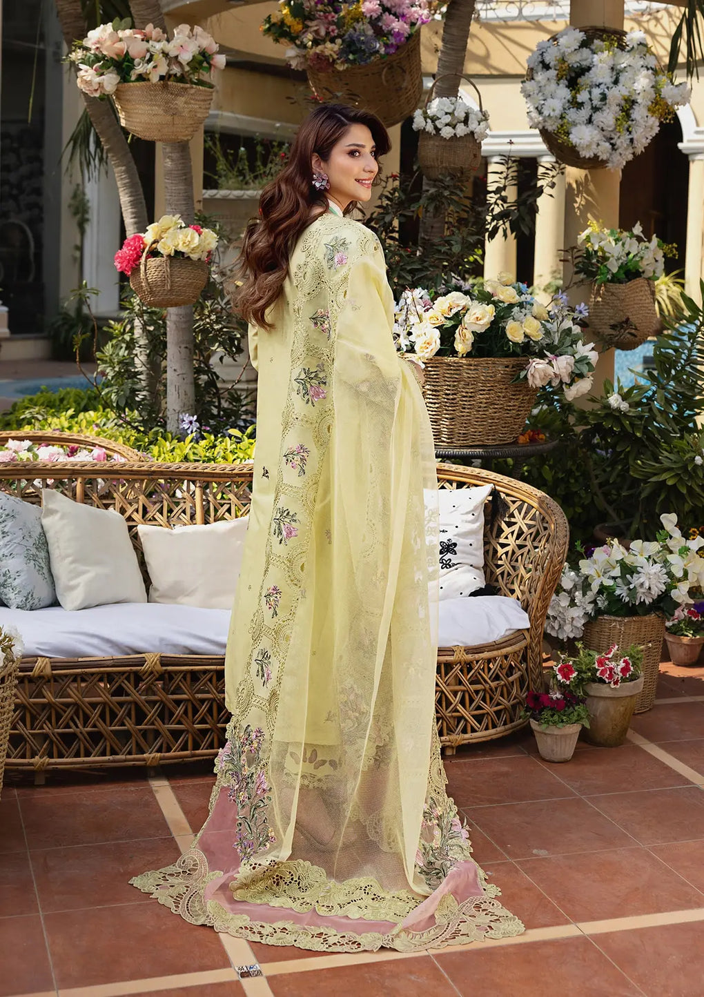 ELAF-3PC LAWN CHIKANKARI EMBROIDERED SHIRT WITH KHAADI NET EMB DUPATTA AND EMB TROUSER - 711