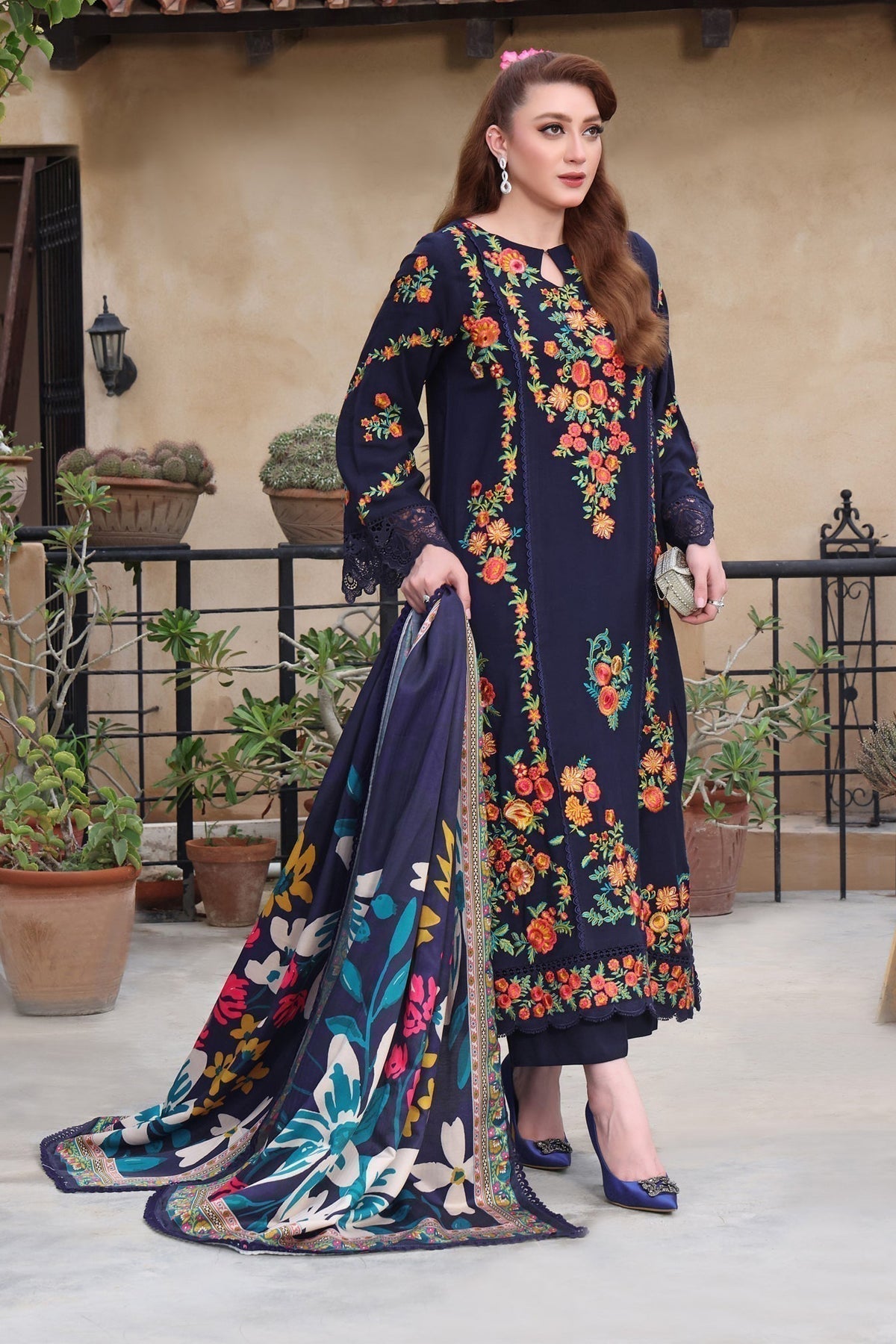 3PC DHANAK EMBROIDERED SHIRT WITH COURTRAI PRINTED SHAWL & TROUSER V676