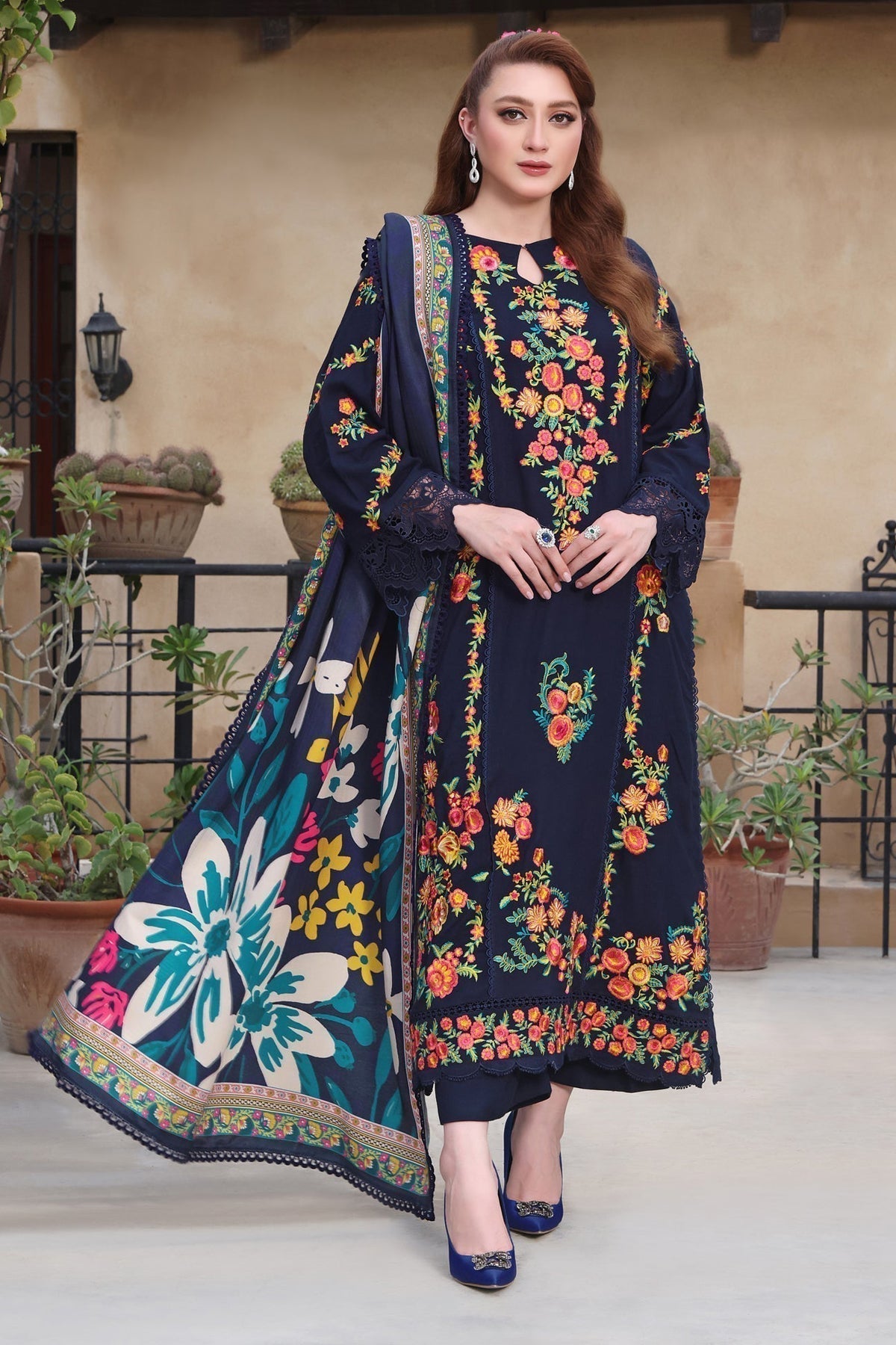 3PC - Lawn EMBROIDERED SHIRT WITH COURTRAI PRINTED Dupatta & TROUSER - A676