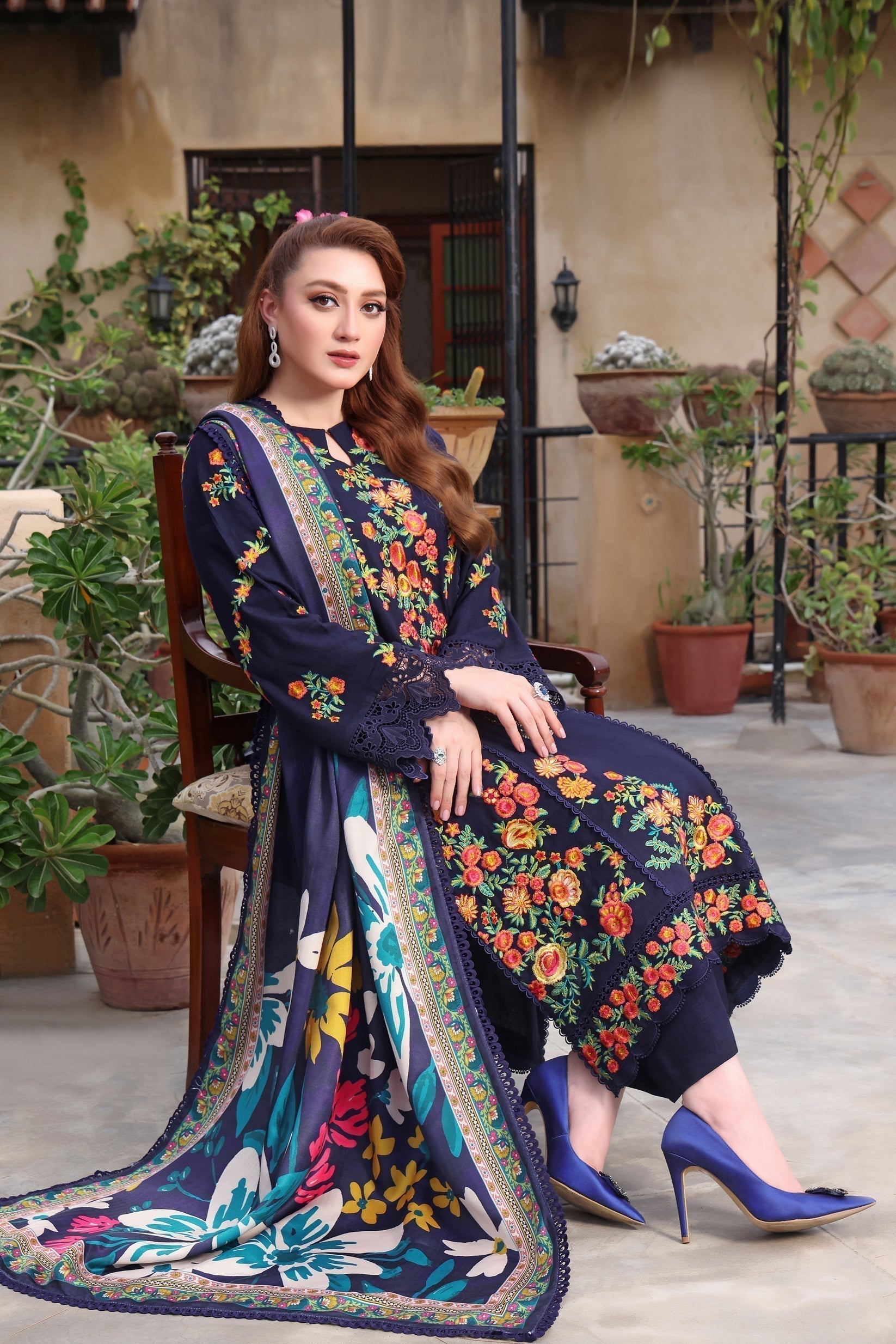 3PC - Lawn EMBROIDERED SHIRT WITH COURTRAI PRINTED Dupatta & TROUSER - A676