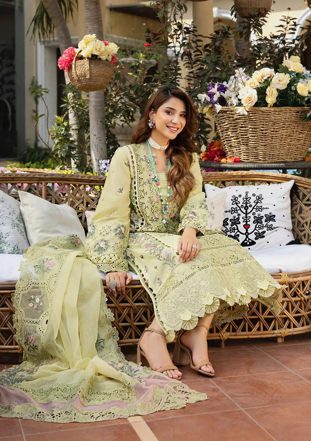 ELAF-3PC LAWN CHIKANKARI EMBROIDERED SHIRT WITH KHAADI NET EMB DUPATTA AND EMB TROUSER - 711