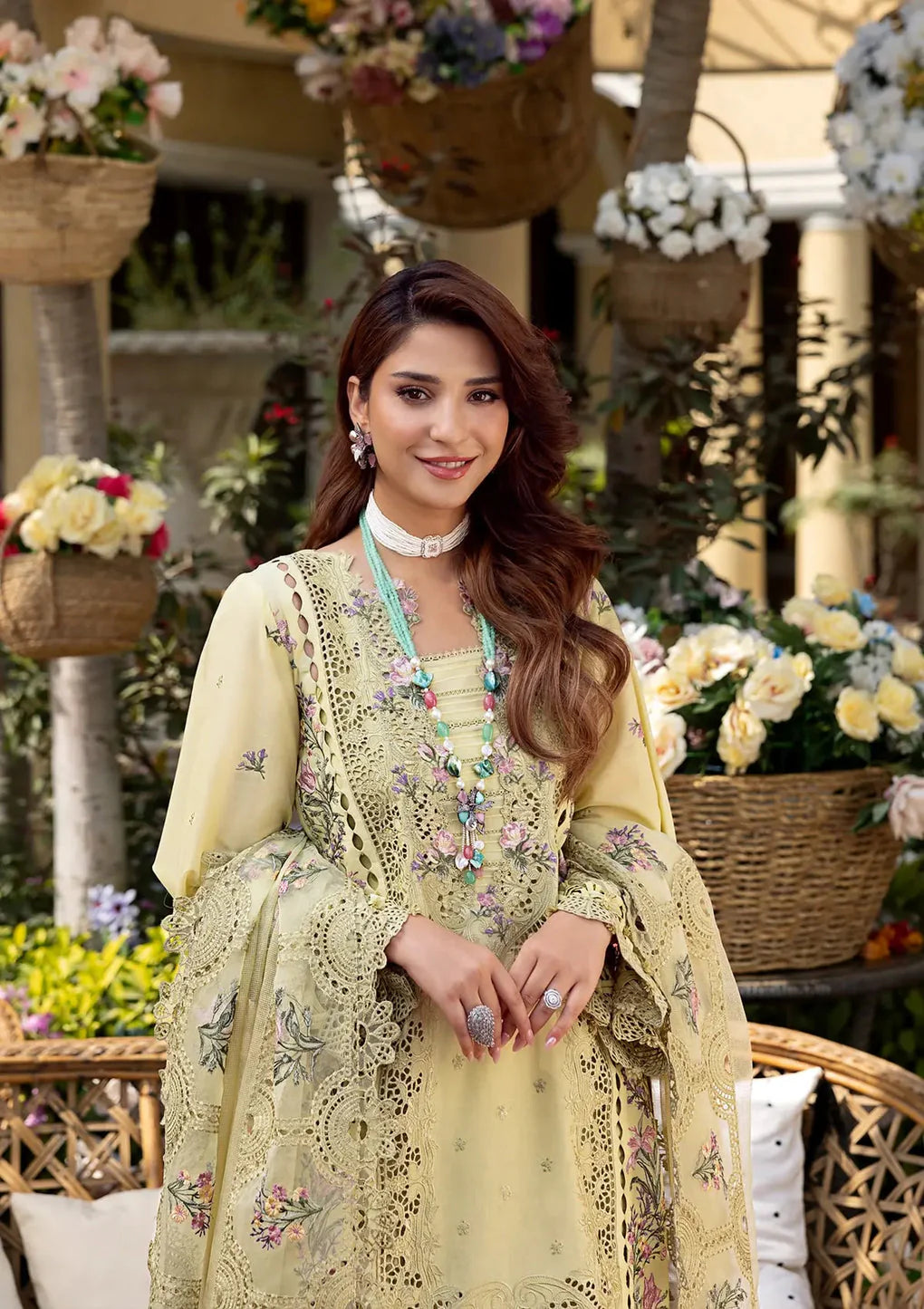 ELAF-3PC LAWN CHIKANKARI EMBROIDERED SHIRT WITH KHAADI NET EMB DUPATTA AND EMB TROUSER - 711