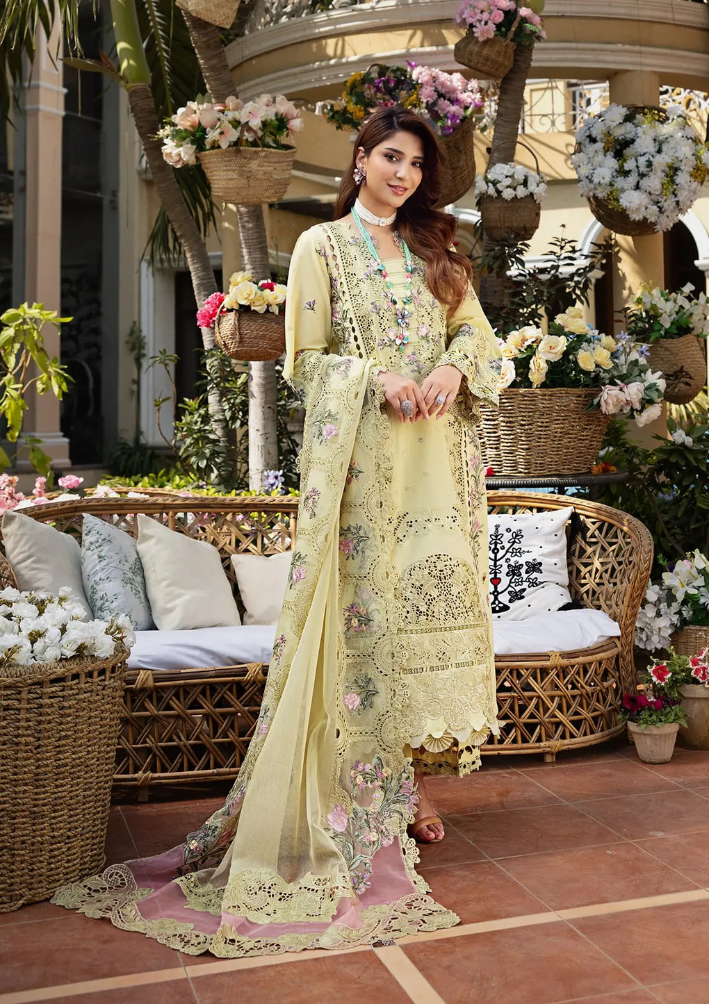 ELAF-3PC LAWN CHIKANKARI EMBROIDERED SHIRT WITH KHAADI NET EMB DUPATTA AND EMB TROUSER - 711