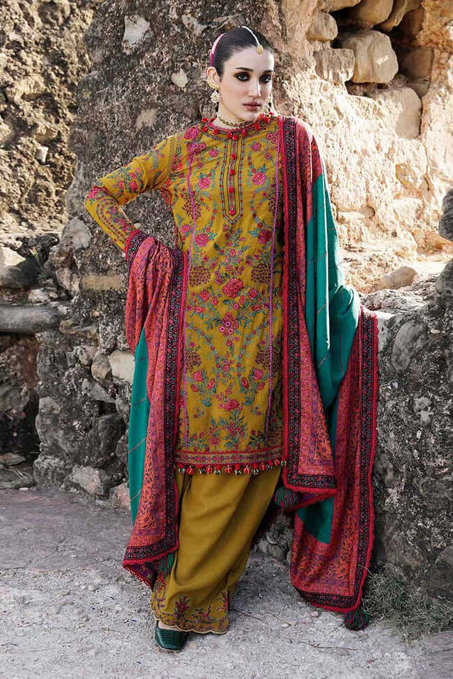 3 Piece Embroidered Dhanak Shirt With Wool Shawl MB 550
